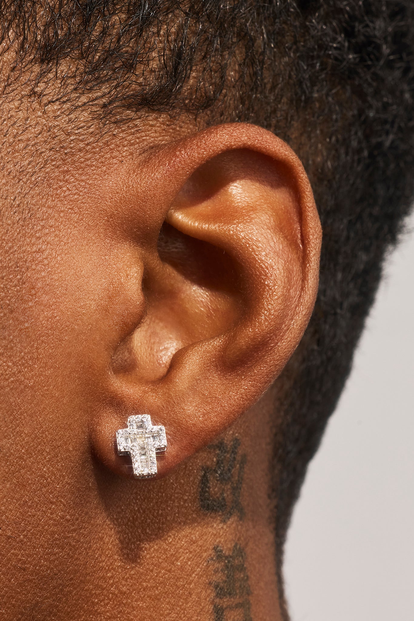 Iced Baguette Cross Stud Earrings - 10mm - White